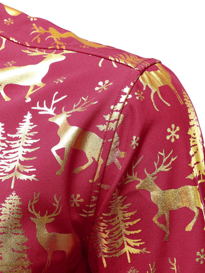 Vyriški raudoni marškiniai su auksiniais kalėdiniais elniais ir šventiniu raštu ilgomis rankovėmis