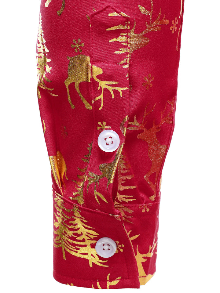 Vyriški raudoni marškiniai su auksiniais kalėdiniais elniais ir šventiniu raštu ilgomis rankovėmis