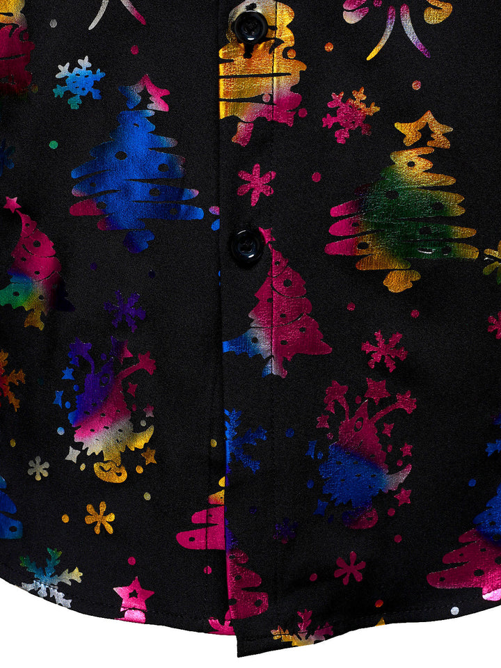 Vyriški juodi marškiniai su auksiniu kalėdiniu raštu regular fit ilgomis rankovėmis