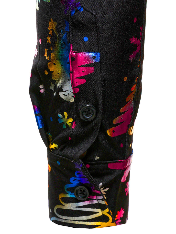 Vyriški juodi marškiniai su auksiniu kalėdiniu raštu regular fit ilgomis rankovėmis