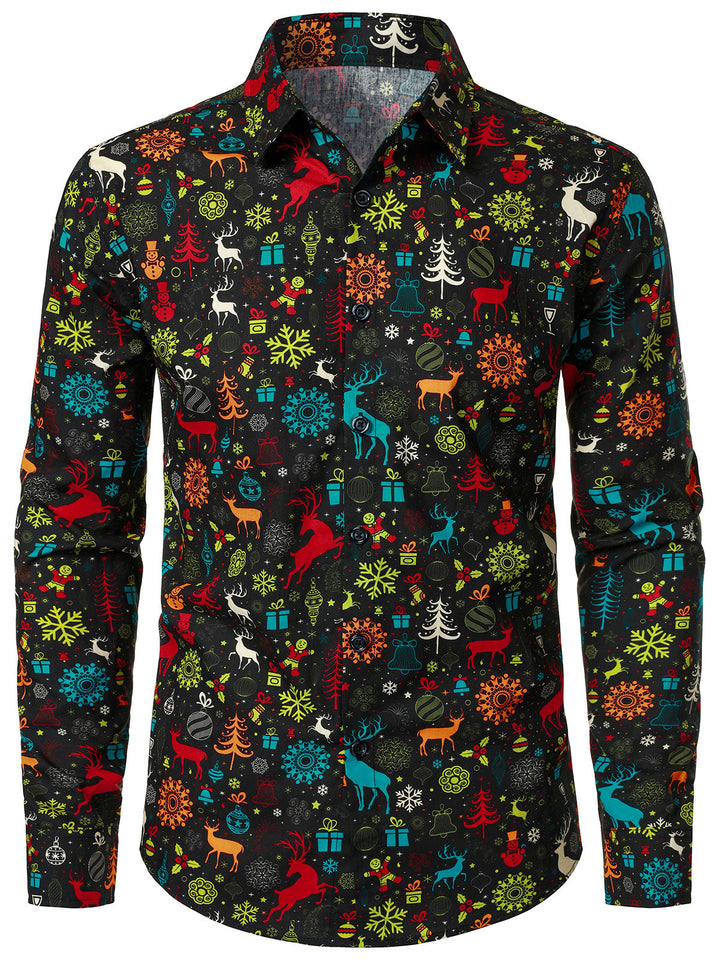 Vyriški minkšti marškiniai su linksmu kalėdiniu elniu ir snaigėmis ilgomis rankovėmis