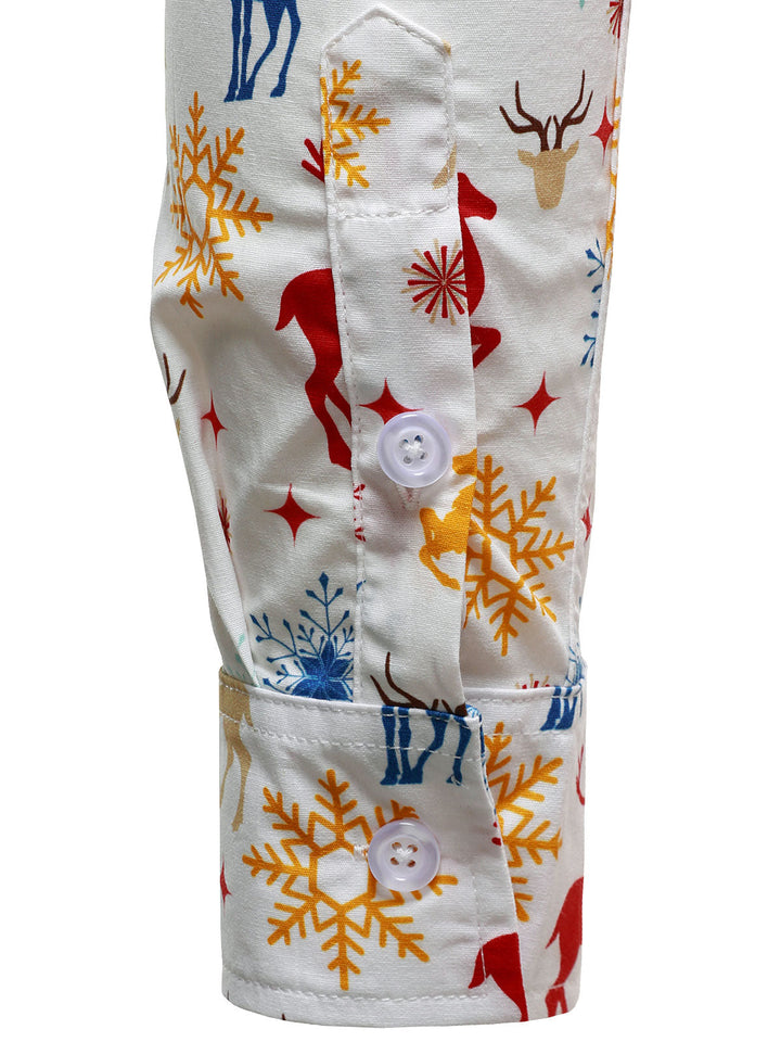 Vyriški balti marškiniai su kalėdine tema elniais ir snaigėmis ilgomis rankovėmis
