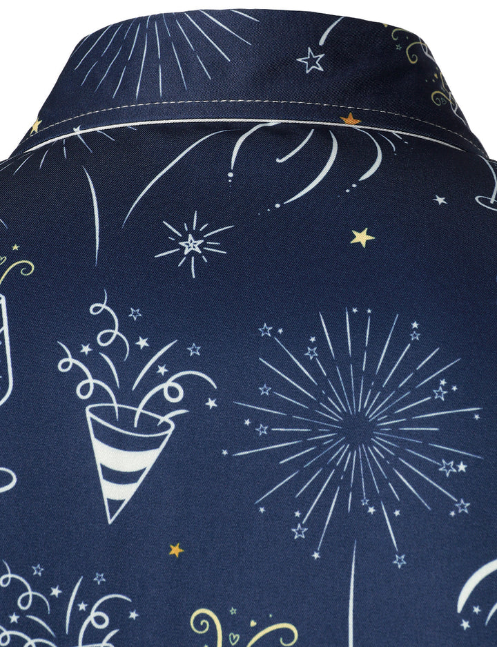 Vyriški mėlyni ilgarankoviai marškiniai su fejerverkų naujametiniu dizainu ir sagomis