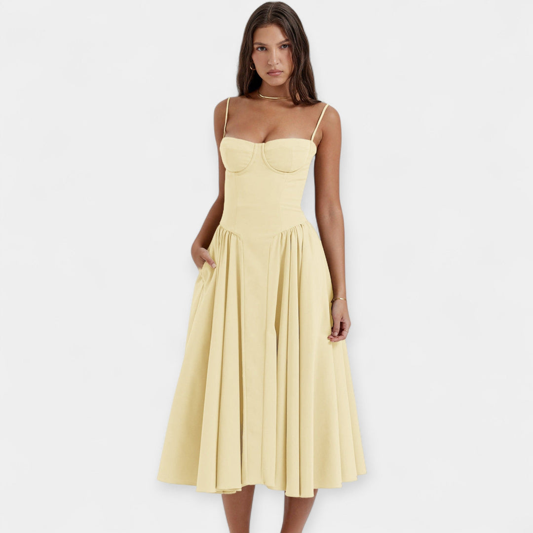 Retro Midi Suknelė su Švelniomis Petnešomis