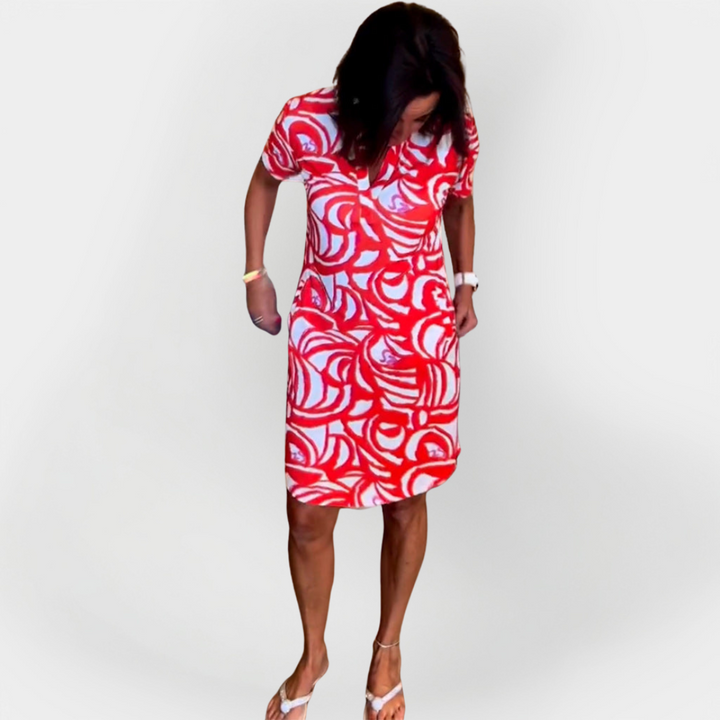 Raštuota Midi Suknelė su Trumpomis Rankovėmis