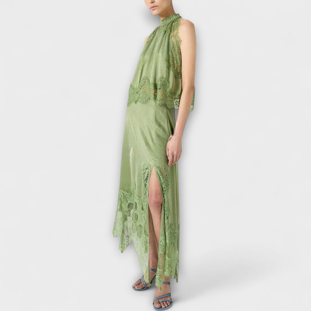 Kaia - Satino bluzonas su nėriniu ir plisuotu iškirpimu komplekte