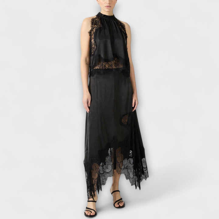 Kaia - Satino bluzonas su nėriniu ir plisuotu iškirpimu komplekte