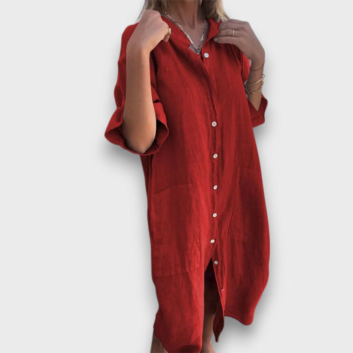 Linienė Suknelė su Mygtukais ir Kišenėmis