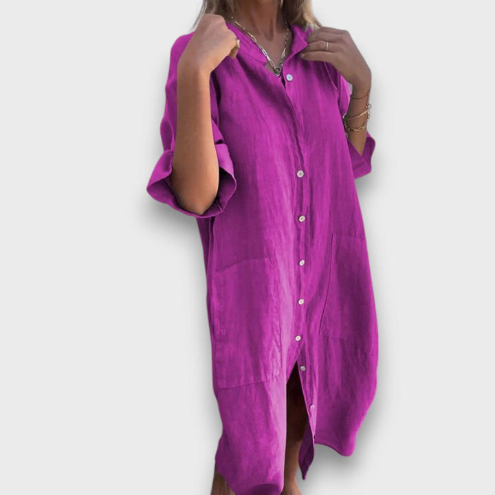 Linienė Suknelė su Mygtukais ir Kišenėmis