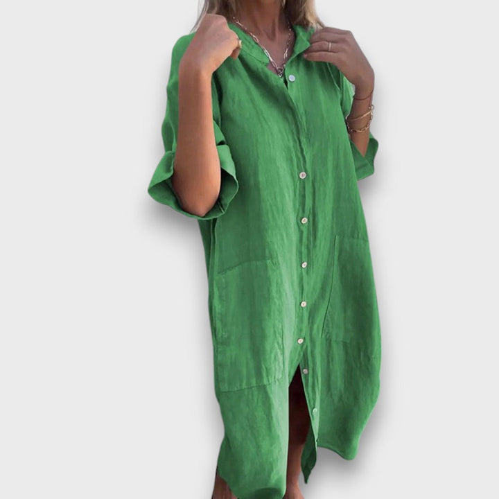 Linienė Suknelė su Mygtukais ir Kišenėmis