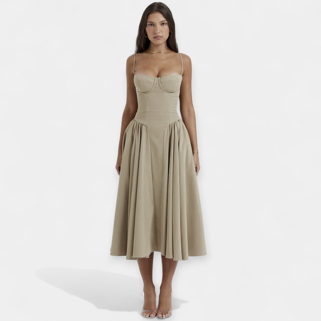 Retro Midi Suknelė su Švelniomis Petnešomis