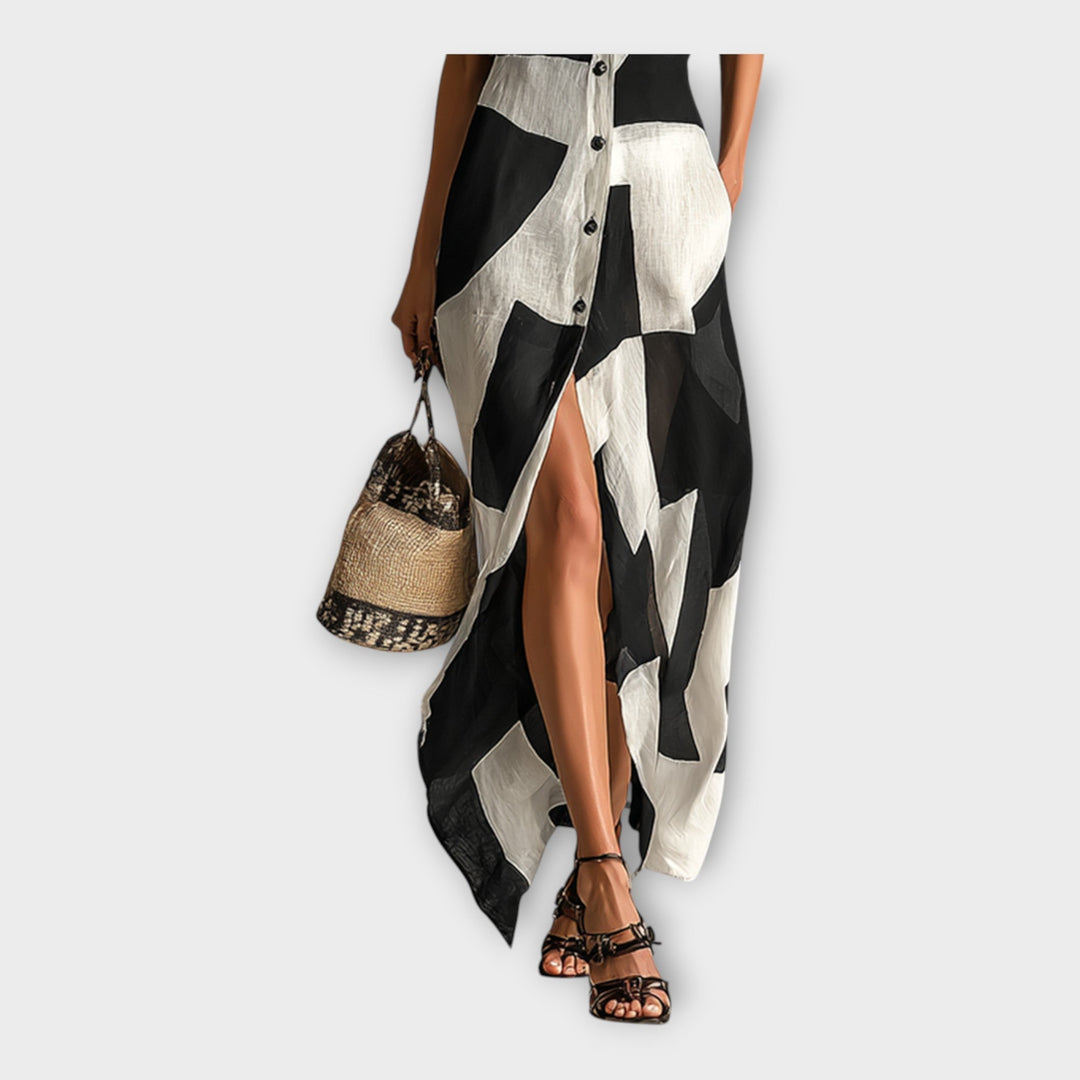 Stilinga ilga suknelė su moderniu dizainu ir elegancija