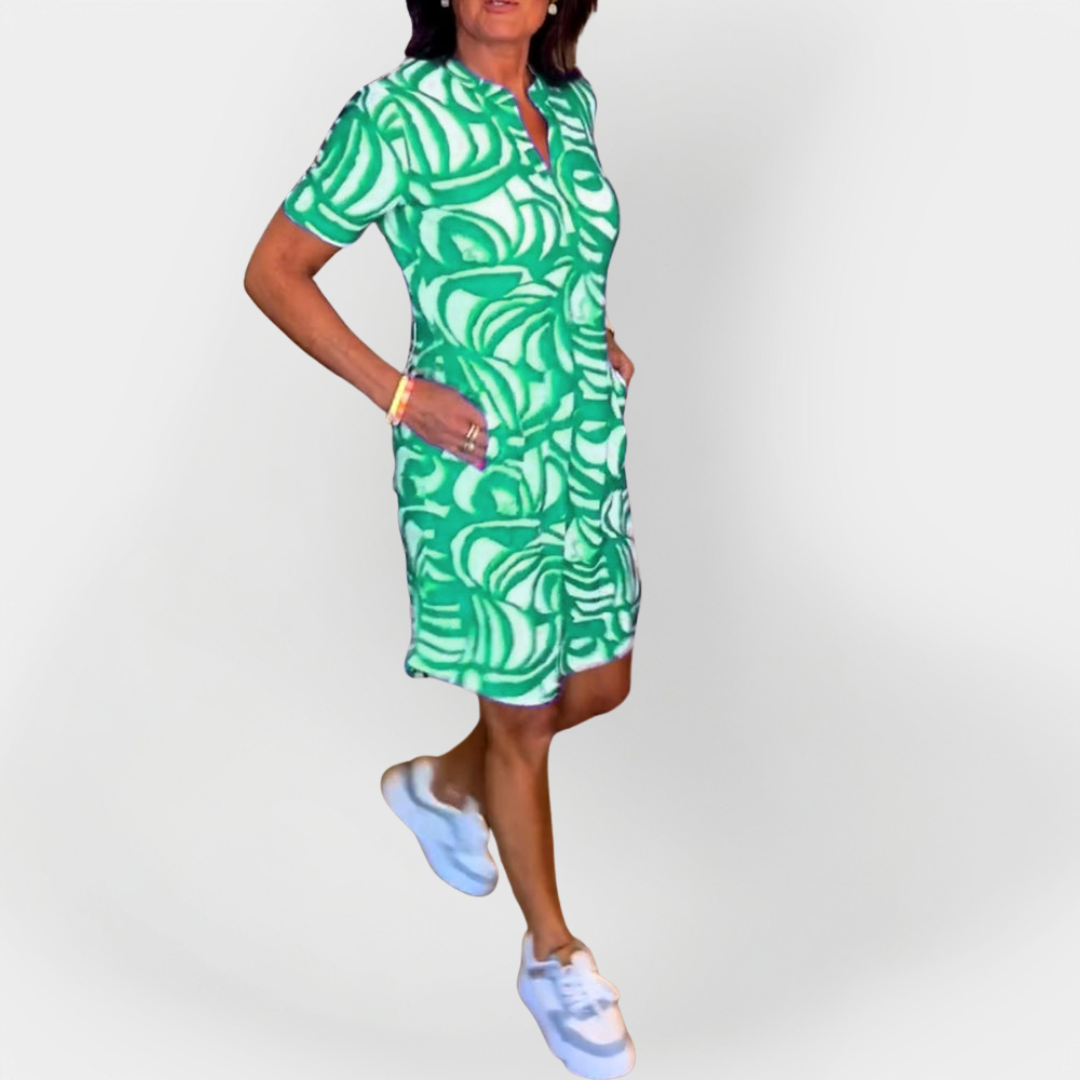 Raštuota Midi Suknelė su Trumpomis Rankovėmis