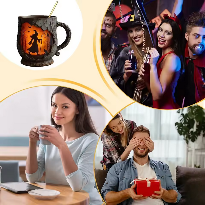 Amatininko 3D Helovino puodelis – dizainas su ragana ir katėmis iš medžio