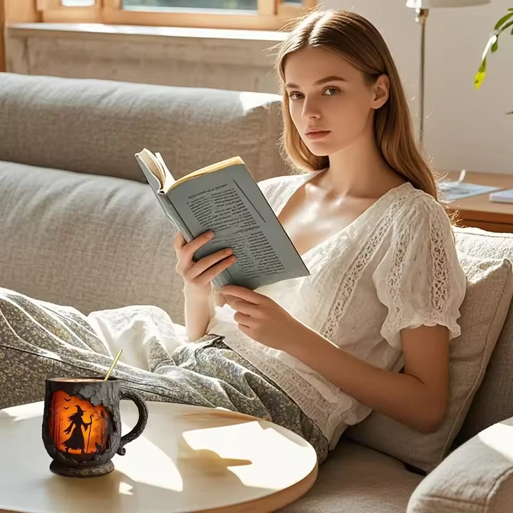 Amatininko 3D Helovino puodelis – dizainas su ragana ir katėmis iš medžio