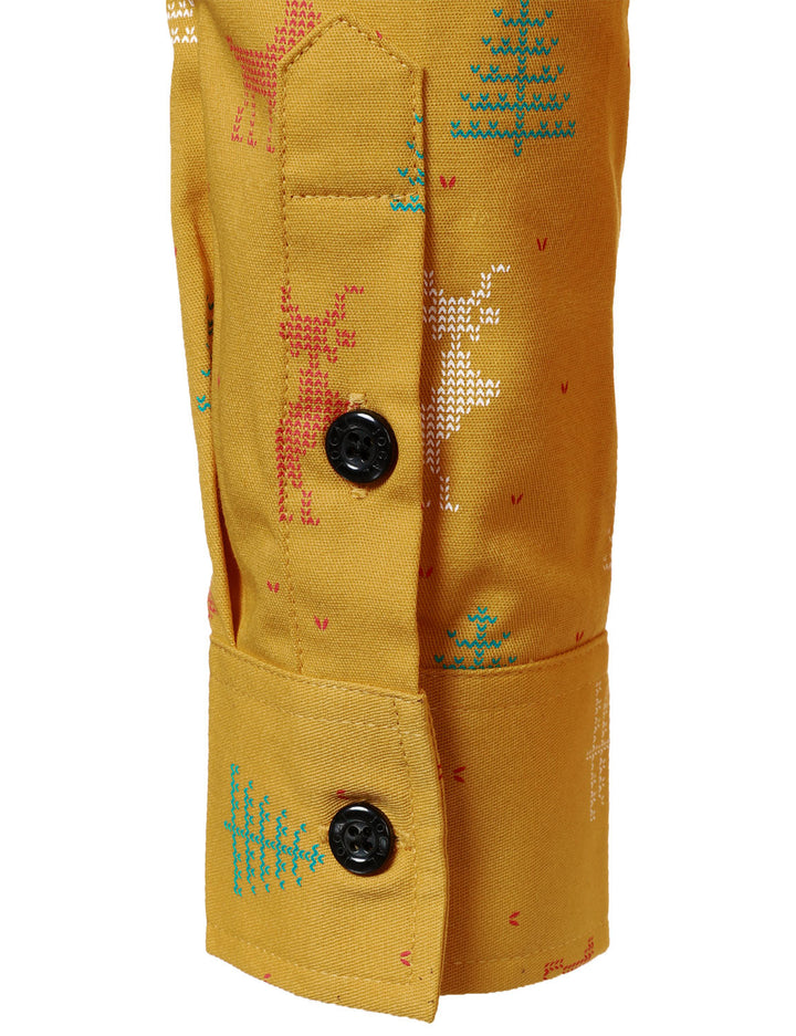 Vyriški geltoni ilgarankoviai marškiniai su kvėpuojančia kalėdine eglute ir elniu