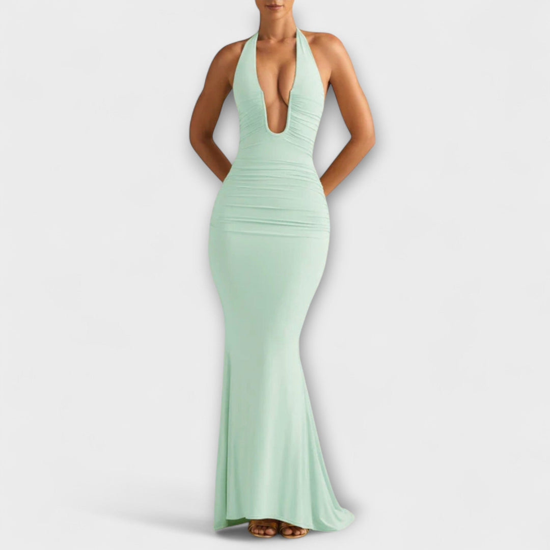 Elegantiškas vakarėlių suknelė su atvira nugara ir įspūdinga iškirpte