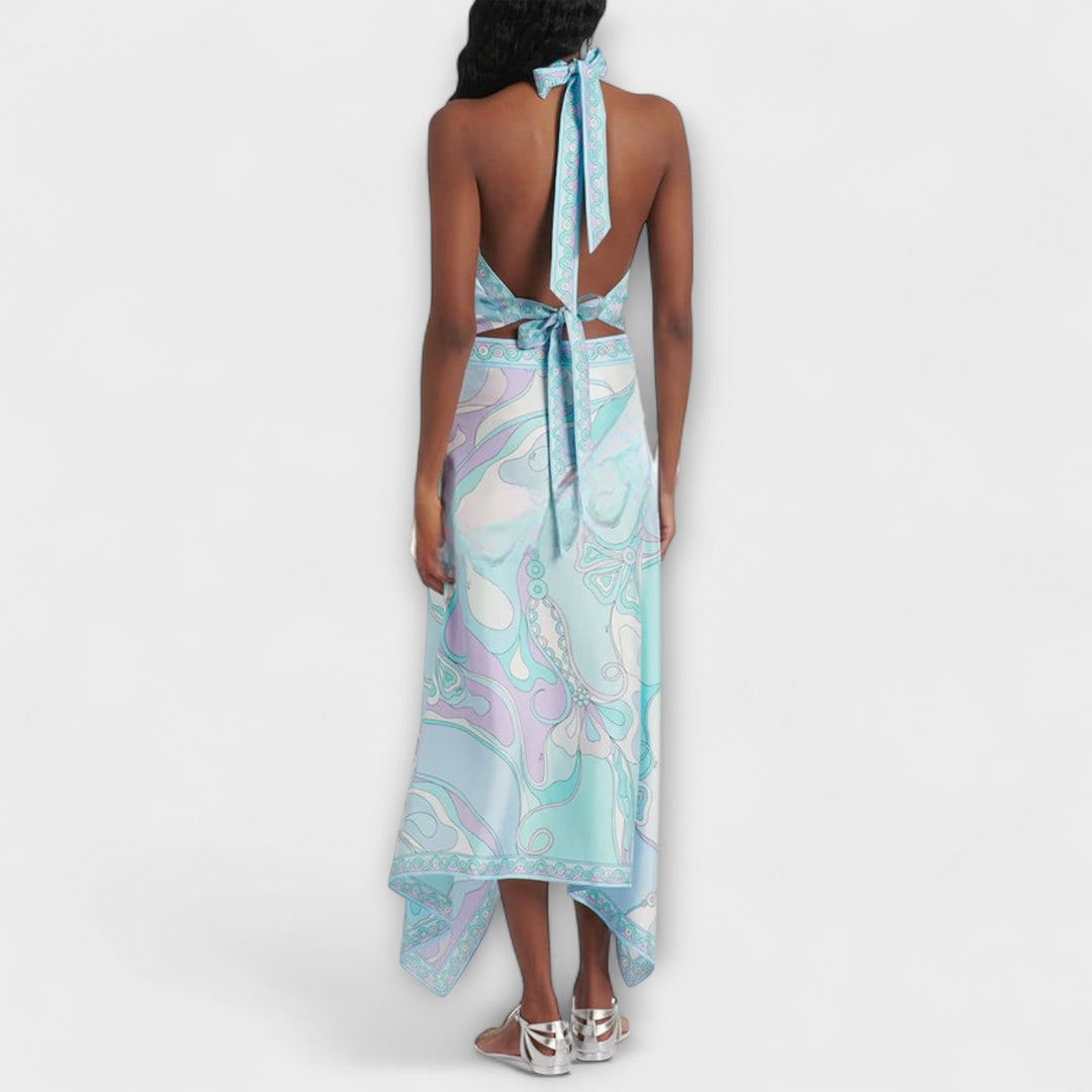 Everly - Kaklo viršūnės ir asimetrinio midi sijono rinkinys