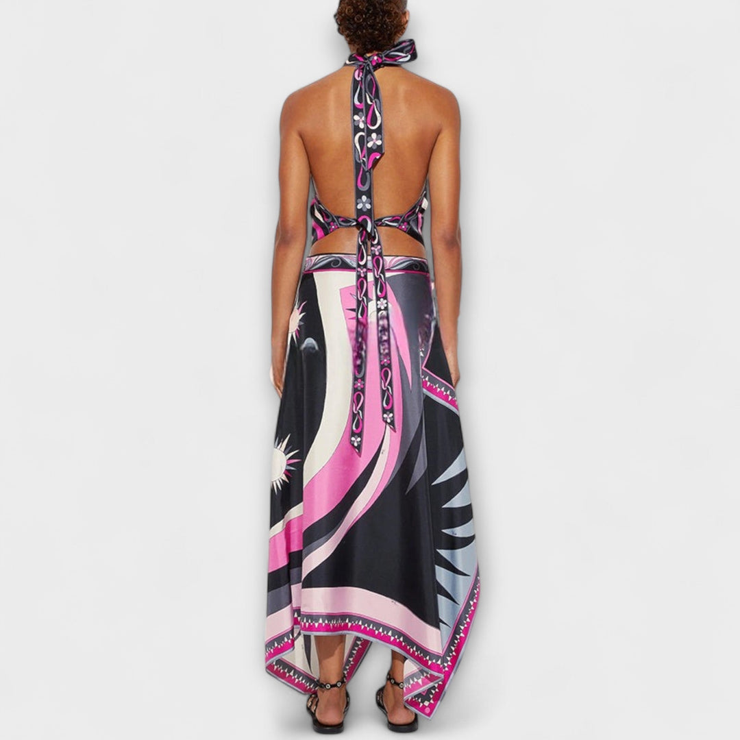 Everly - Kaklo viršūnės ir asimetrinio midi sijono rinkinys