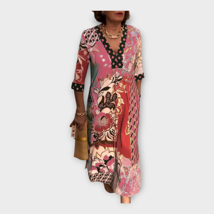 Spalvinga Suknelė su Mygtukais ir 3/4 Rankovėmis