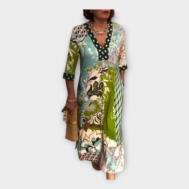 Spalvinga Suknelė su Mygtukais ir 3/4 Rankovėmis