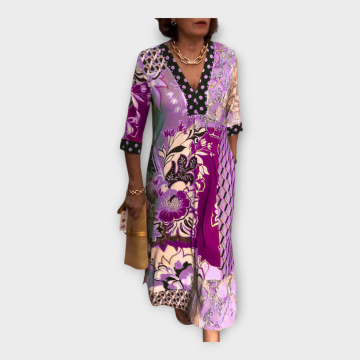 Spalvinga Suknelė su Mygtukais ir 3/4 Rankovėmis